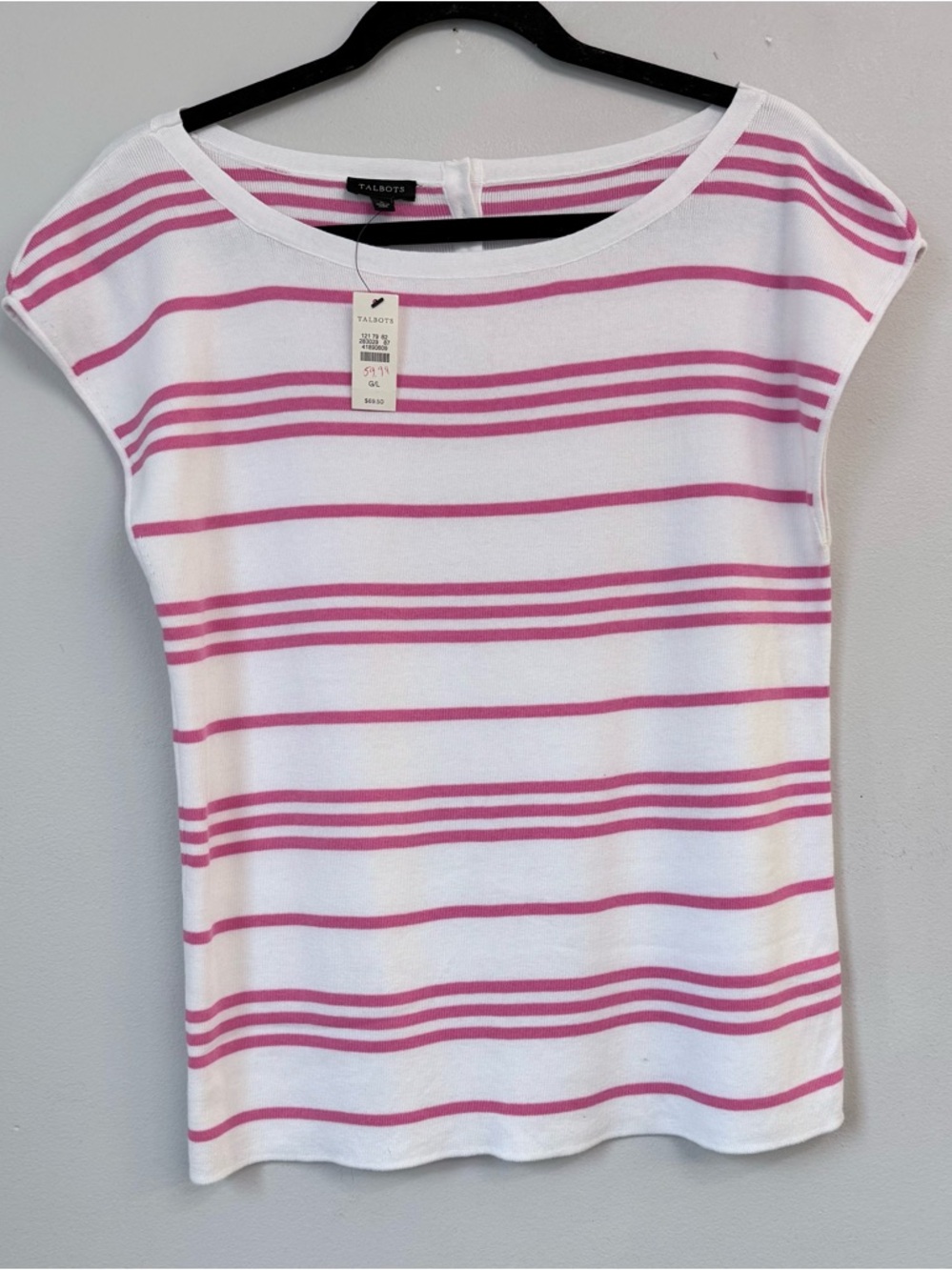 NWT Talbots White Top with Pink Stripes - Cap Sleeve Boatneck